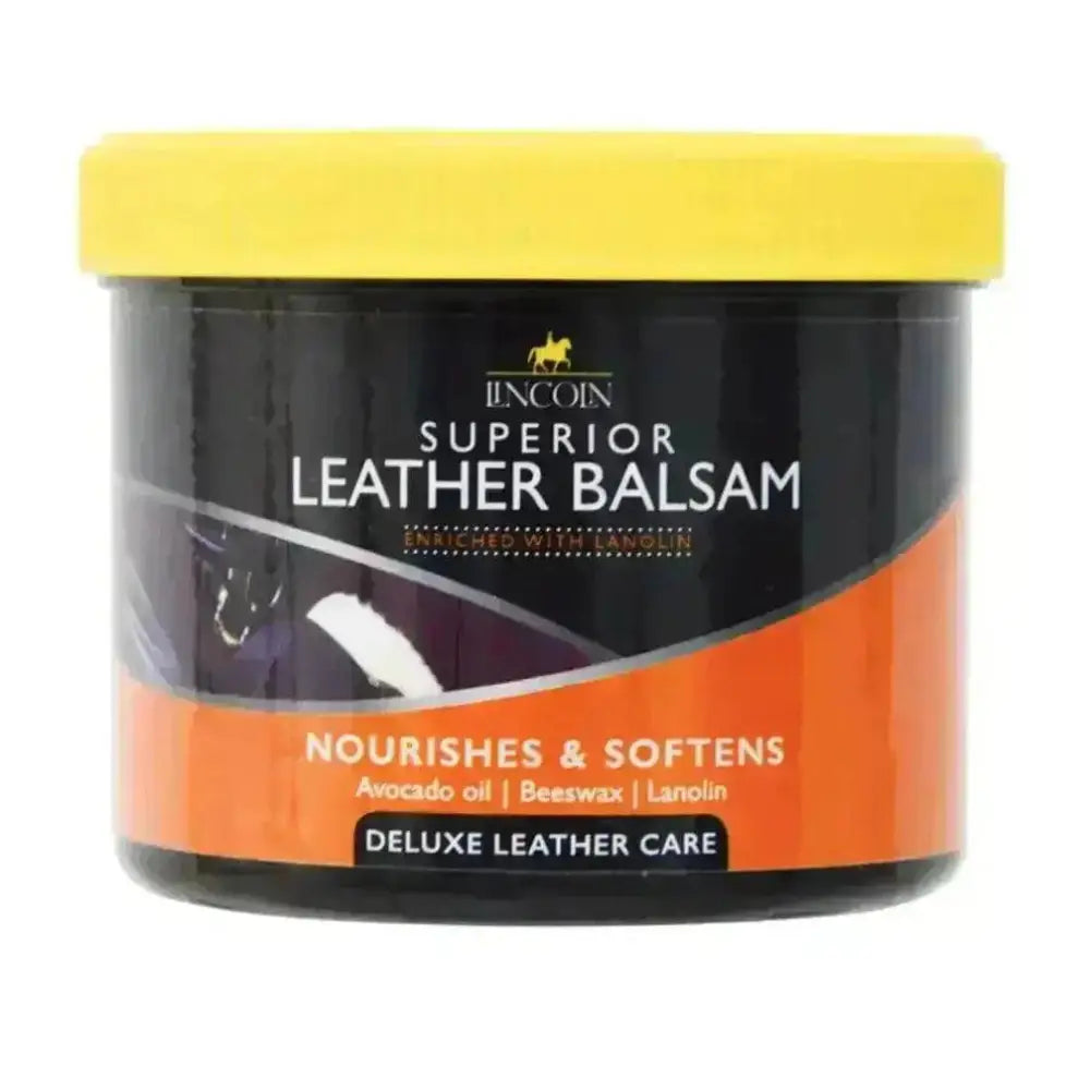 Lincoln superior leather balm in a black jar with a yellow lid and an orange label featuring a nourishing formula