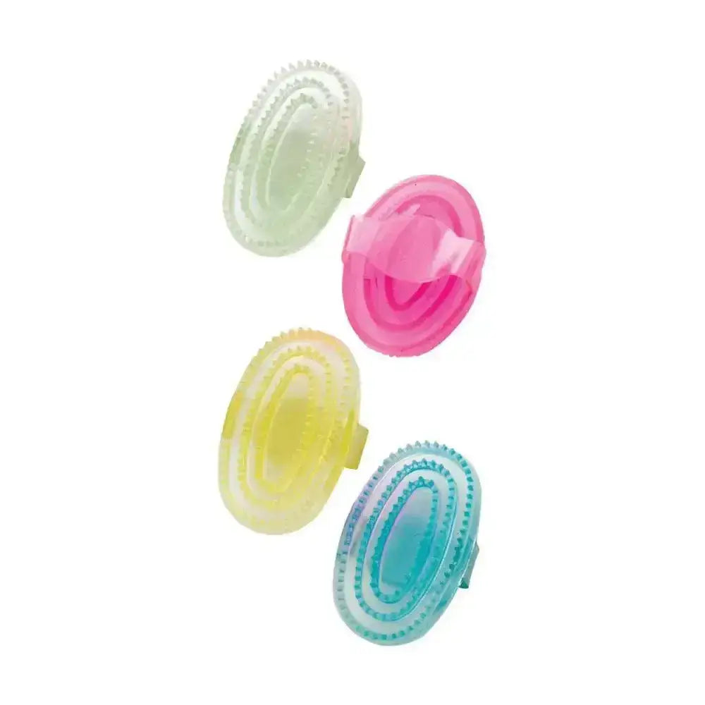 Set of four colorful lincoln synthetic rubber curry combs in pastel green pink yellow and blue for grooming horses