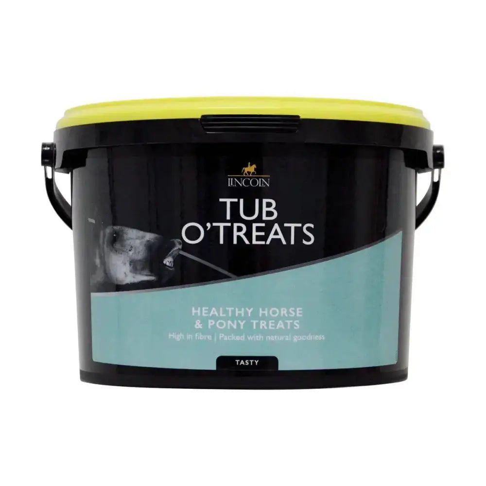 Black plastic lincoln tub o treats with yellow lid is a perfect high fibre treat for healthy horses and ponies