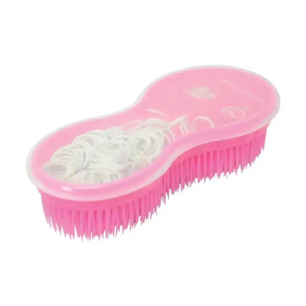 Pink plastic lincoln ultimate brush with built-in compartment holding white elastics plaiting kit includes lincoln plait aid