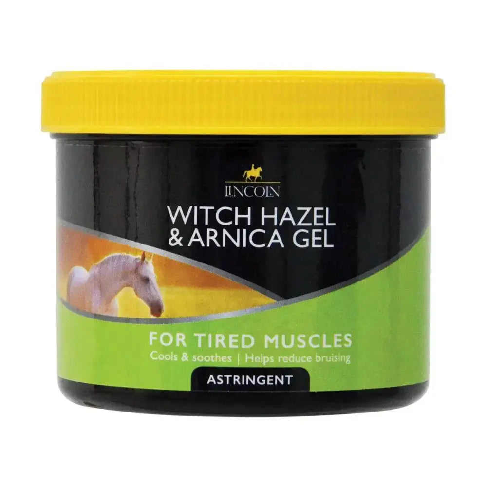 Lincoln witch hazel arnica gel in a black jar with a yellow lid and green orange label for tired muscles soothing gel