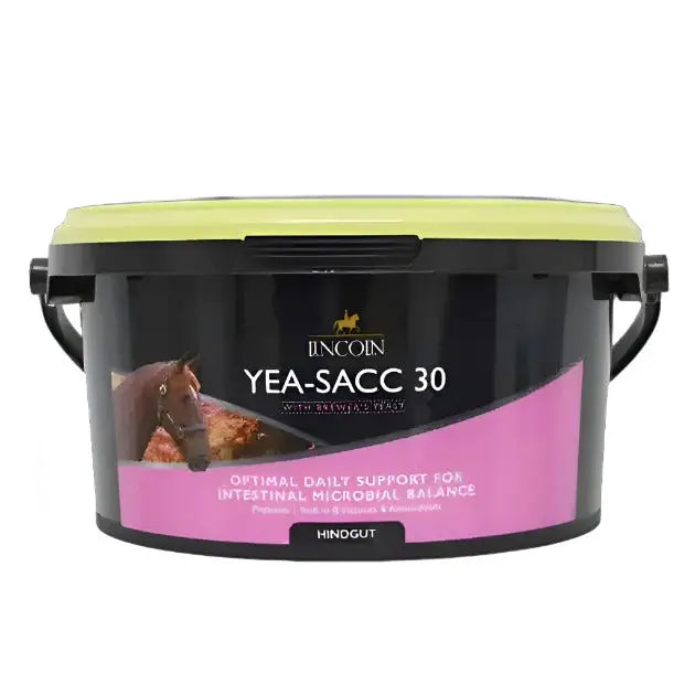 Black plastic bucket with lime green lid and pink label of Lincoln yea-sacc 30 for saccharomyces cerevisiae fiber digestion process
