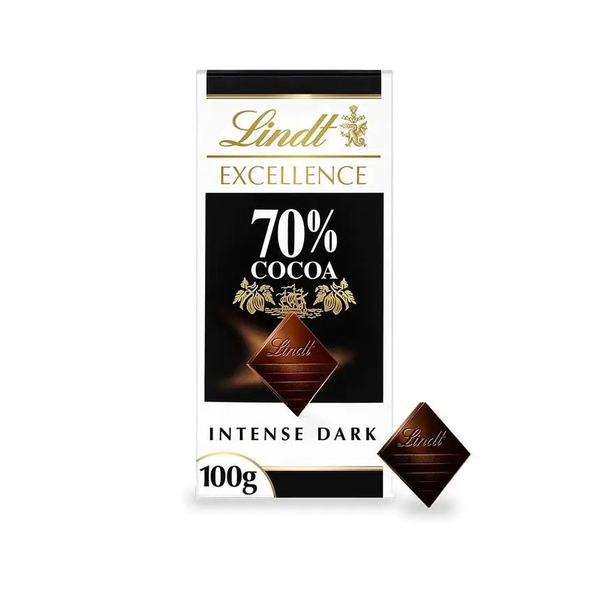 Lindt excellence 70% dark chocolate bar in black and gold packaging with a diamond-shaped piece displayed beside it