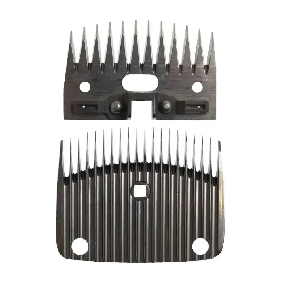 Black metal lister wizard cattle comb attachments with evenly spaced teeth and mounting holes for wizard cattle blade use