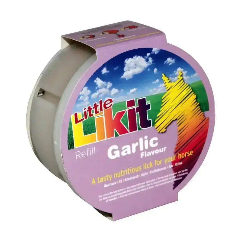 Purple-packaged little likit horse treats garlic flavour refill with rainbow-striped horse for likit horse treats use