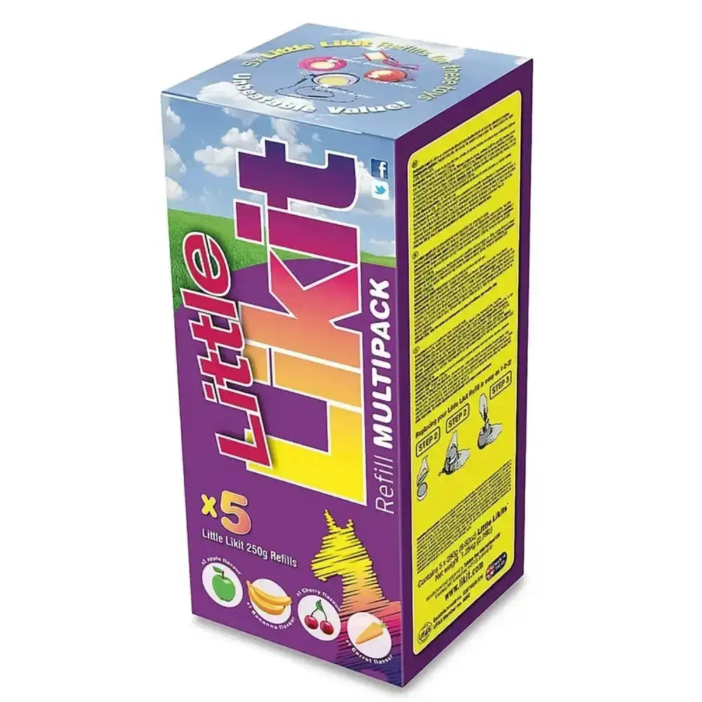 Purple and yellow cardboard box of little likits multipack with five 250g horse treats in popular flavours refill pack