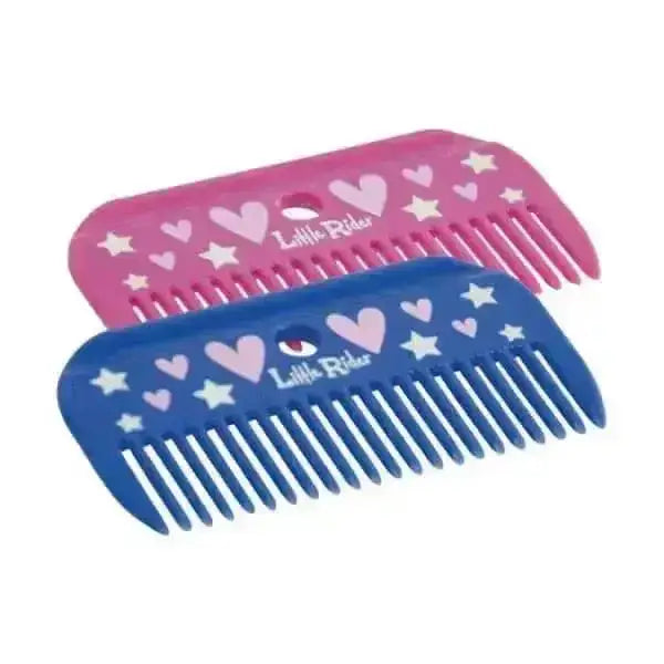 Pink and blue plastic little rider mane combs with heart and star patterns perfect for mane and tail grooming