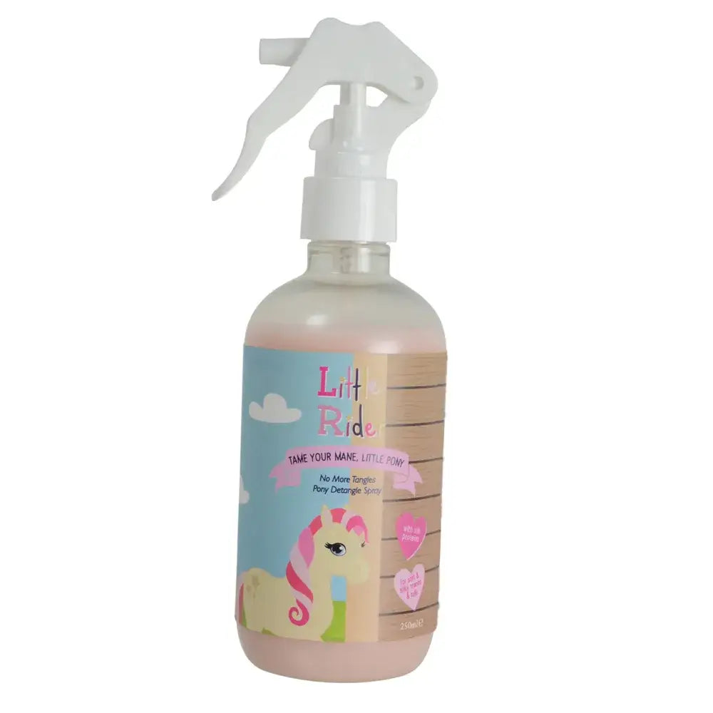 A clear plastic bottle with white spray nozzle and colorful label, little rider pony detangle spray for no more tangles formulated