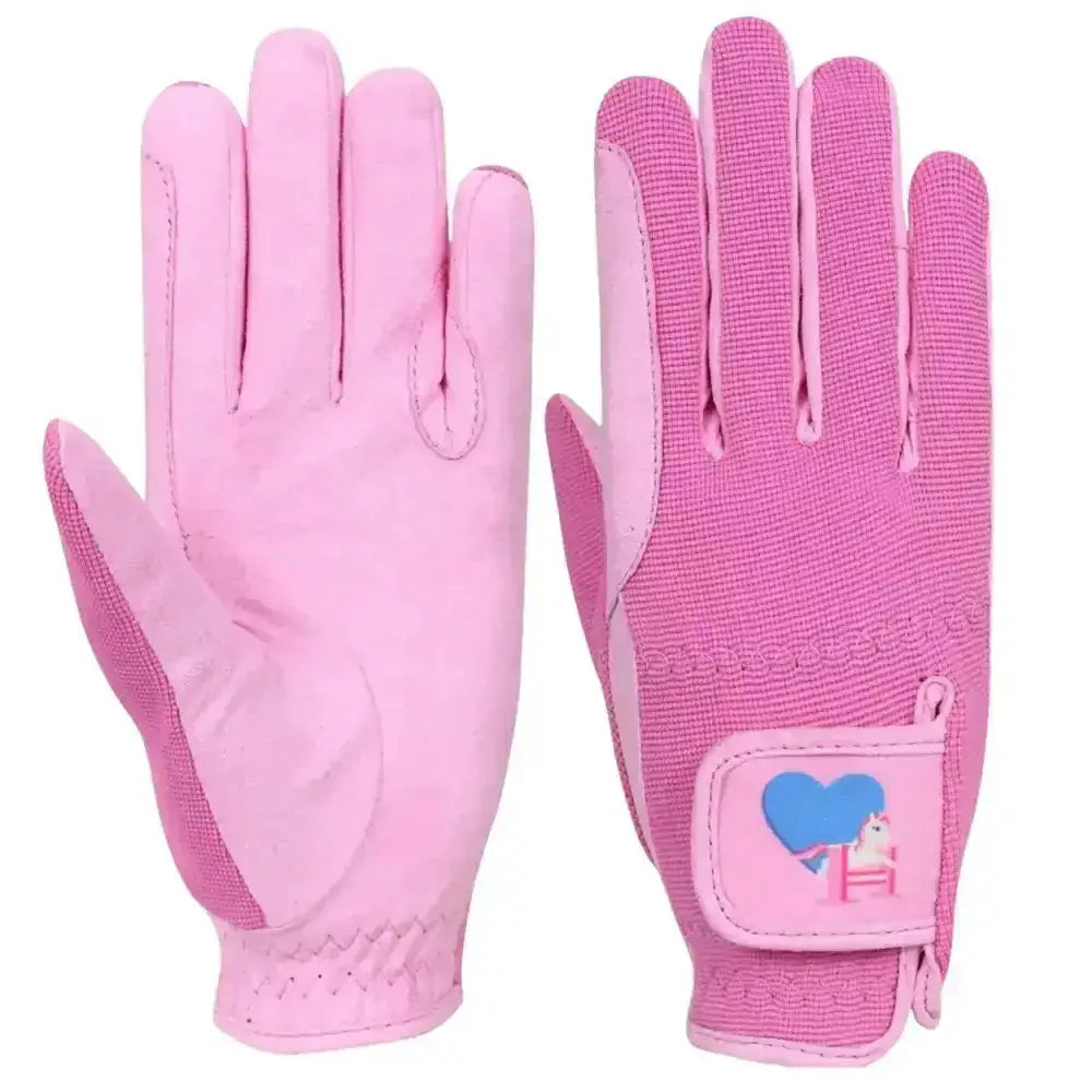 Pink children’s riding gloves with soft leather texture and mesh back featuring cute unicorn patch for pony children’s riding