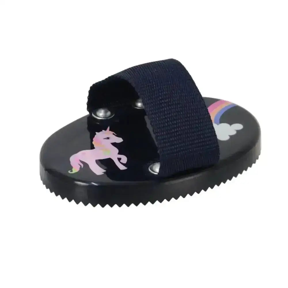 Black unicorn curry comb with rainbow cloud design and navy elastic strap by little rider featuring rider logo