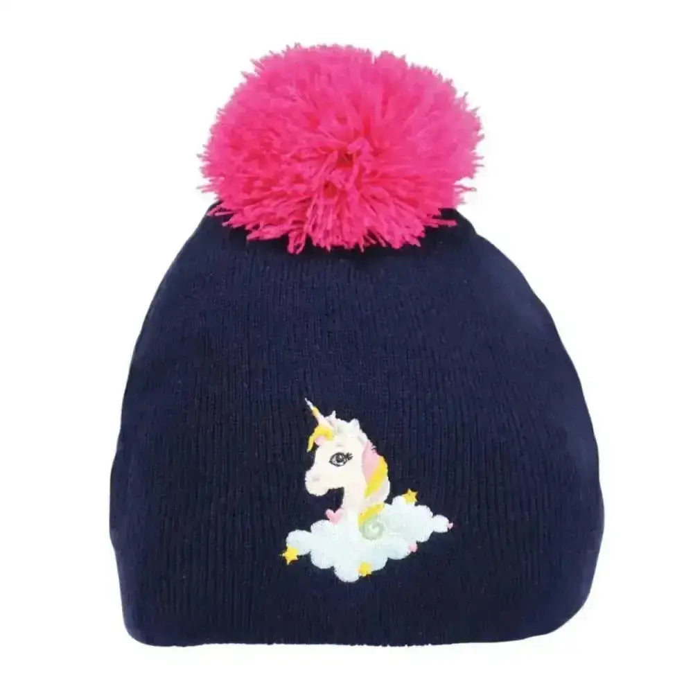 Navy blue knit unicorn hat by little rider with colorful embroidery and pink pom-pom perfect child warm headwear