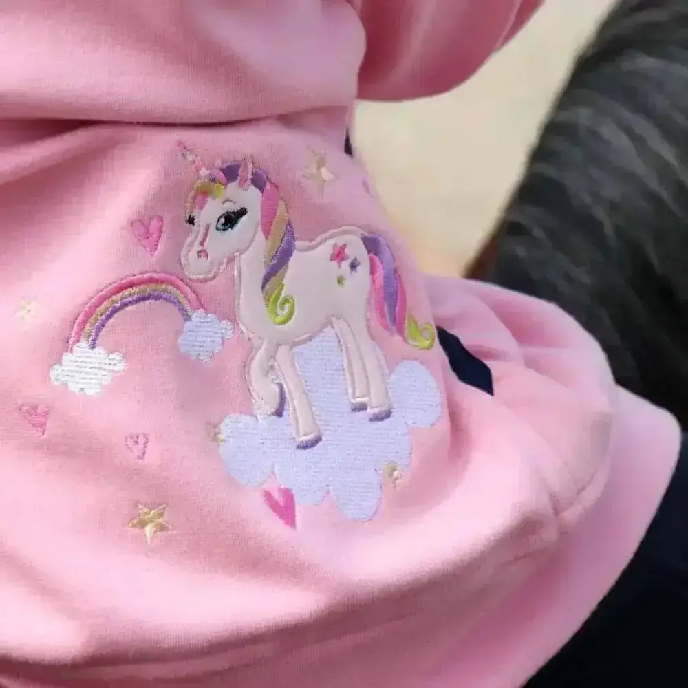 Pink unicorn jacket by little rider with fun durable fleece and magical appliqué on soft pink fabric top