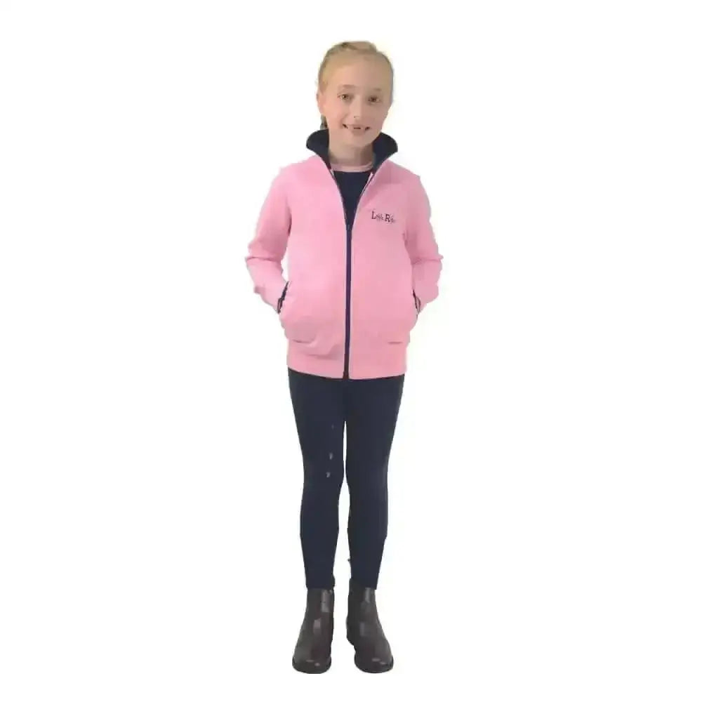 Pink zip-up unicorn jacket by little rider with black lining embroidered logo made of fun durable fleece to feel magical