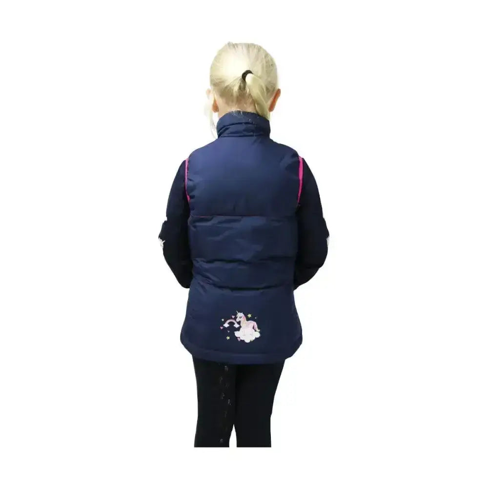 Navy blue padded gilet with pink trim and white unicorn embroidery on back from little rider unicorn padded gilet
