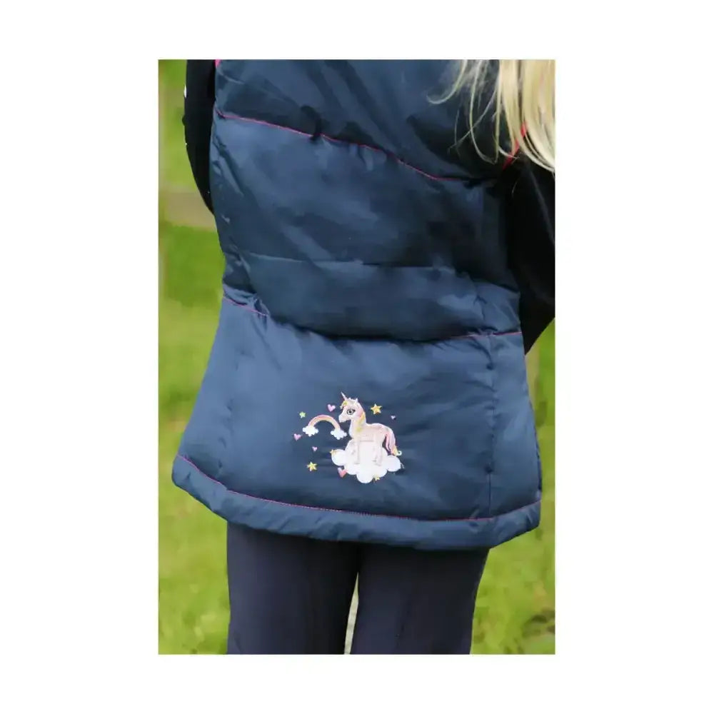 Navy blue padded gilet by little rider with embroidered unicorn and rainbow design perfect for cozy layering