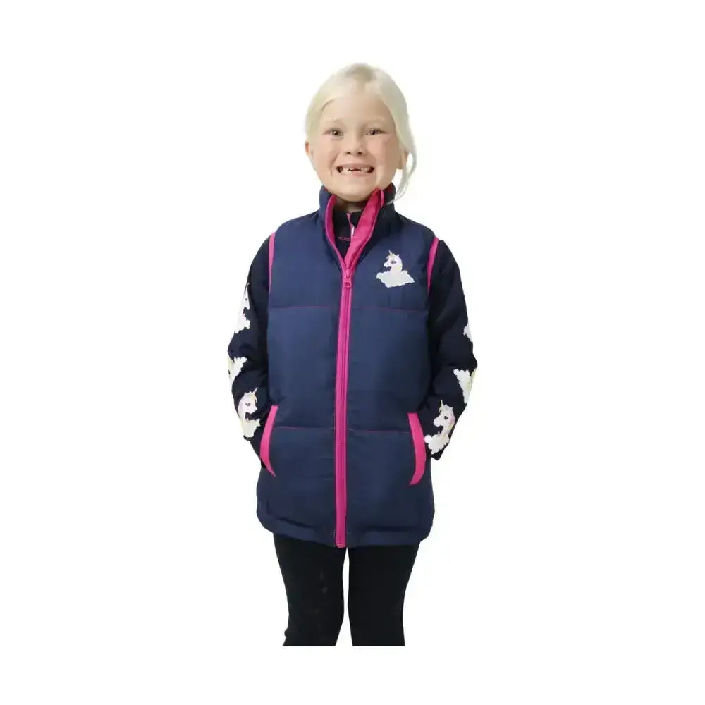 Navy blue and pink unicorn padded gilet with white embroidery by little rider perfect for cool weather layering