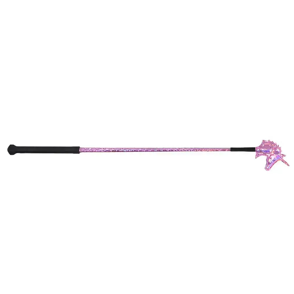 Pink glittery unicorn shimmer riding crop with black handle and grip by little rider for shimmer riding fun