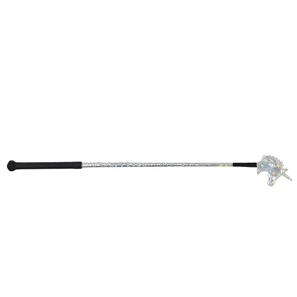 Silver shimmer riding whip with black grip and translucent unicorn head by little rider for unicorn shimmer riding