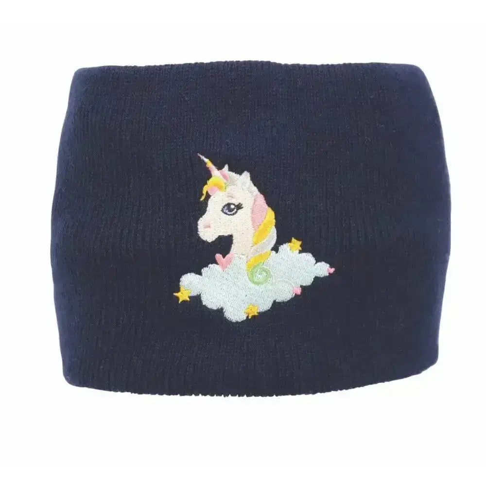 Navy blue corduroy unicorn snood with embroidered rainbow unicorn resting on a cloud from little rider unicorn collection