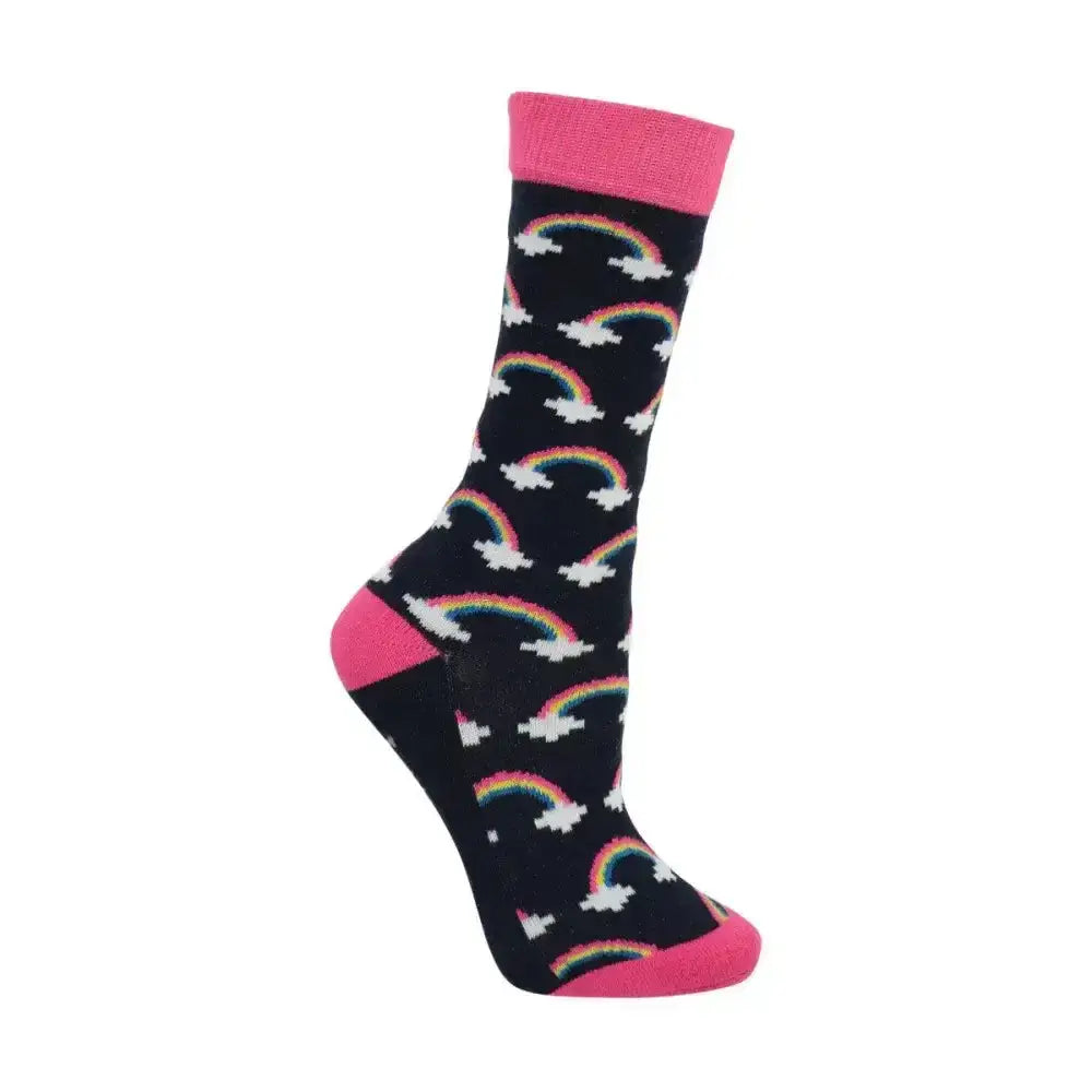 Black little rider unicorn socks with pink trim and colorful rainbow sock features in a pack of 3