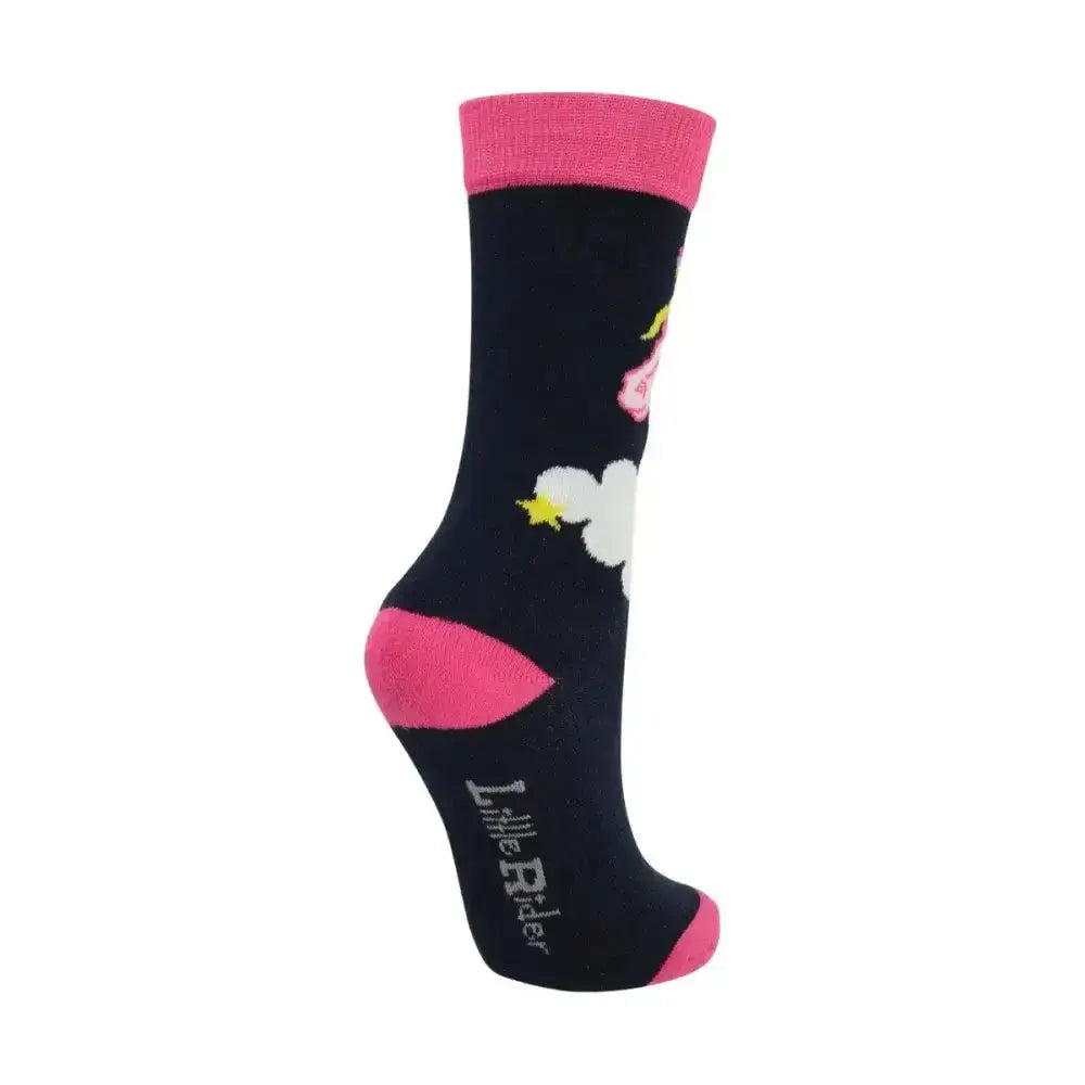Black socks with pink trim and unicorn design from little rider unicorn socks pack of 3 features cozy cotton blend