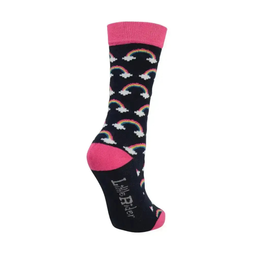 Black sock with pink cuff and toe featuring rainbow arcs and clouds pattern from little rider unicorn socks pack of 3