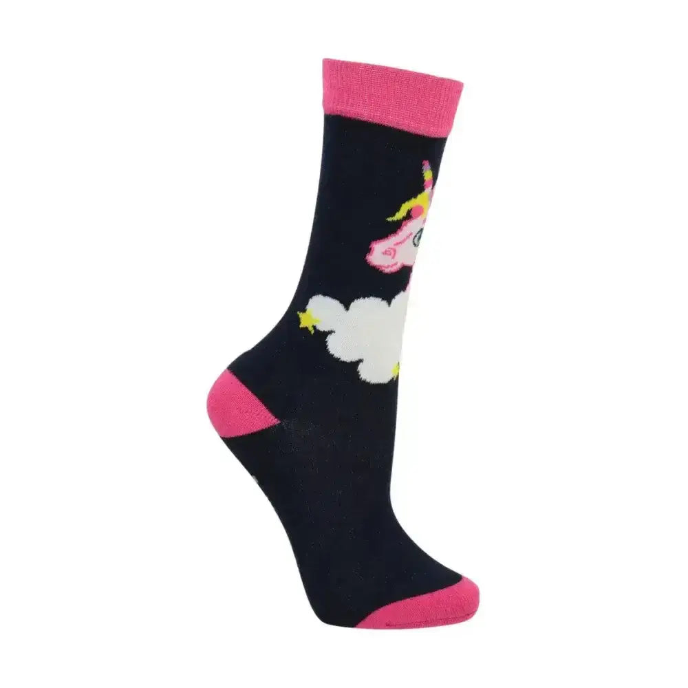Black rider unicorn socks with pink trim and a cartoon unicorn design featuring yellow mane and white cloud star
