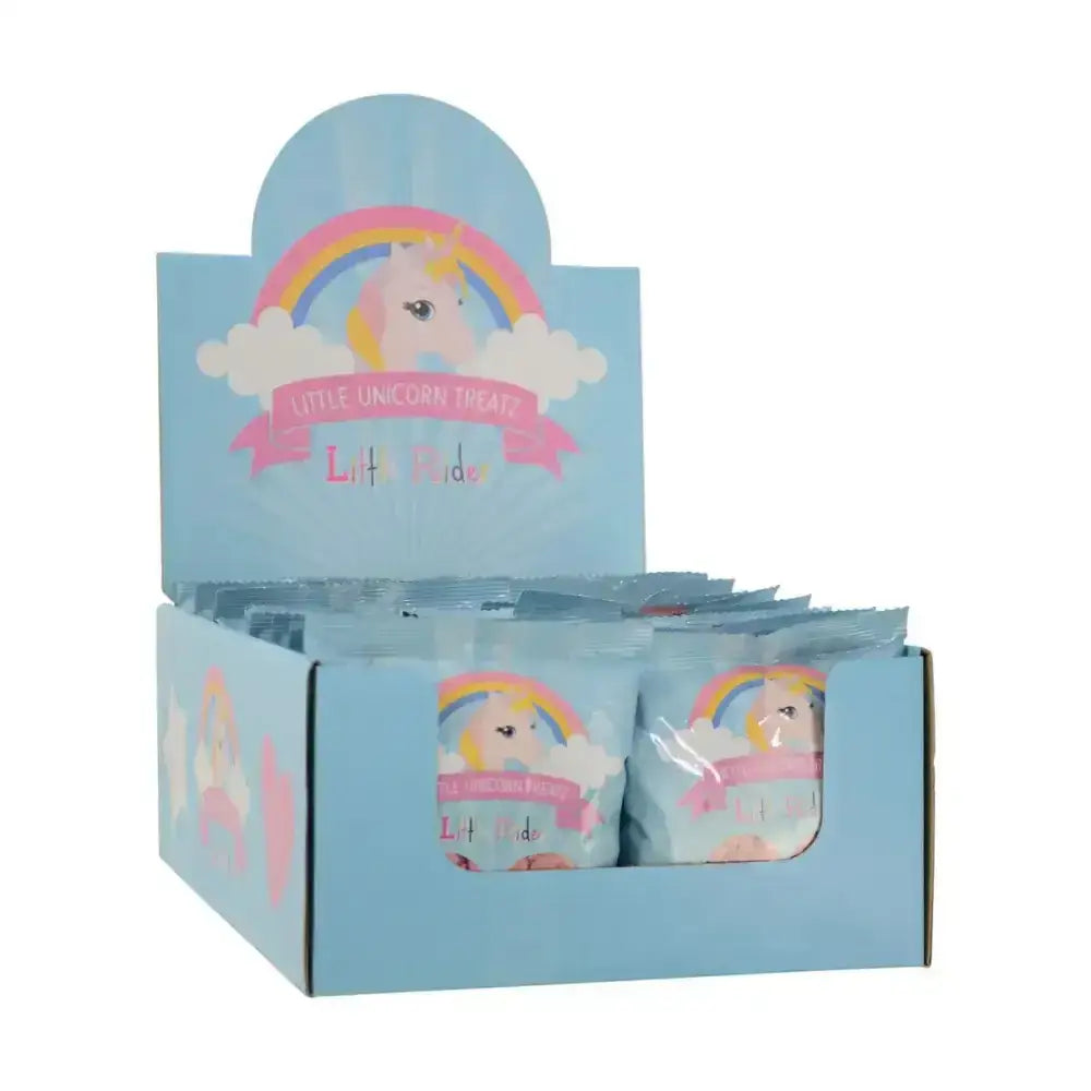 Light blue cardboard box of little unicorn treatz beetroot flavoured mini-treats by little rider with cartoon unicorn and rainbow