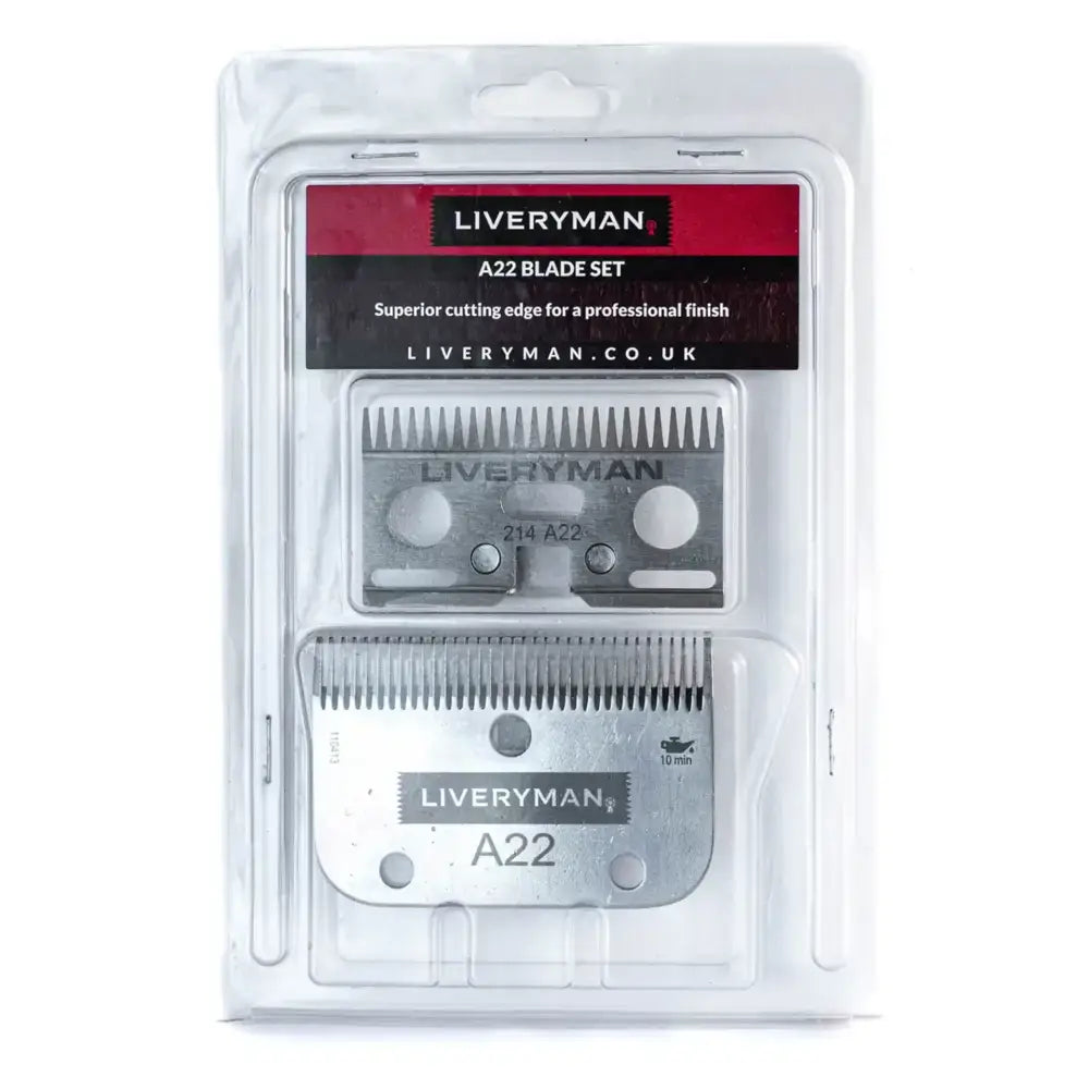 Liveryman a22 clipper blade set features two metallic silver fine tooth blades in clear plastic packaging for precise cutting