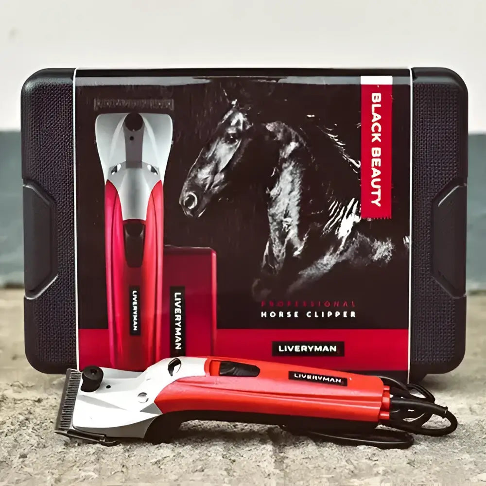 Red and silver liveryman black beauty professional horse clipper with black cord and powerlitium-ion battery case