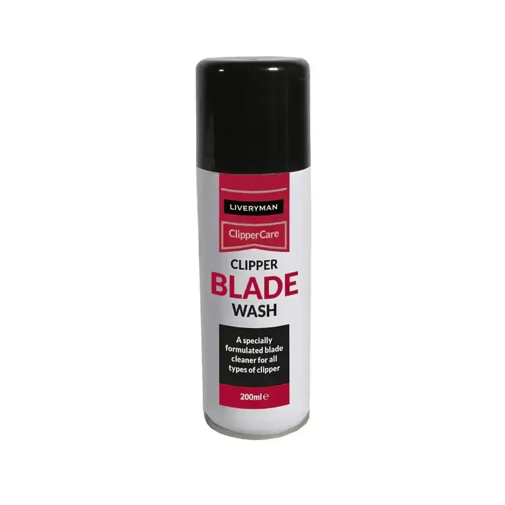 Liveryman clipper blade cleaner in a 200ml white aerosol can with black cap and red branding for clipper blades