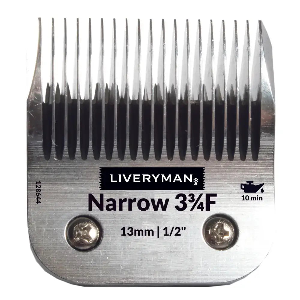 Silver metallic liveryman clipper comb with black teeth labeled narrow 3¾f 13mm ½ for cutting heights snap-on blades
