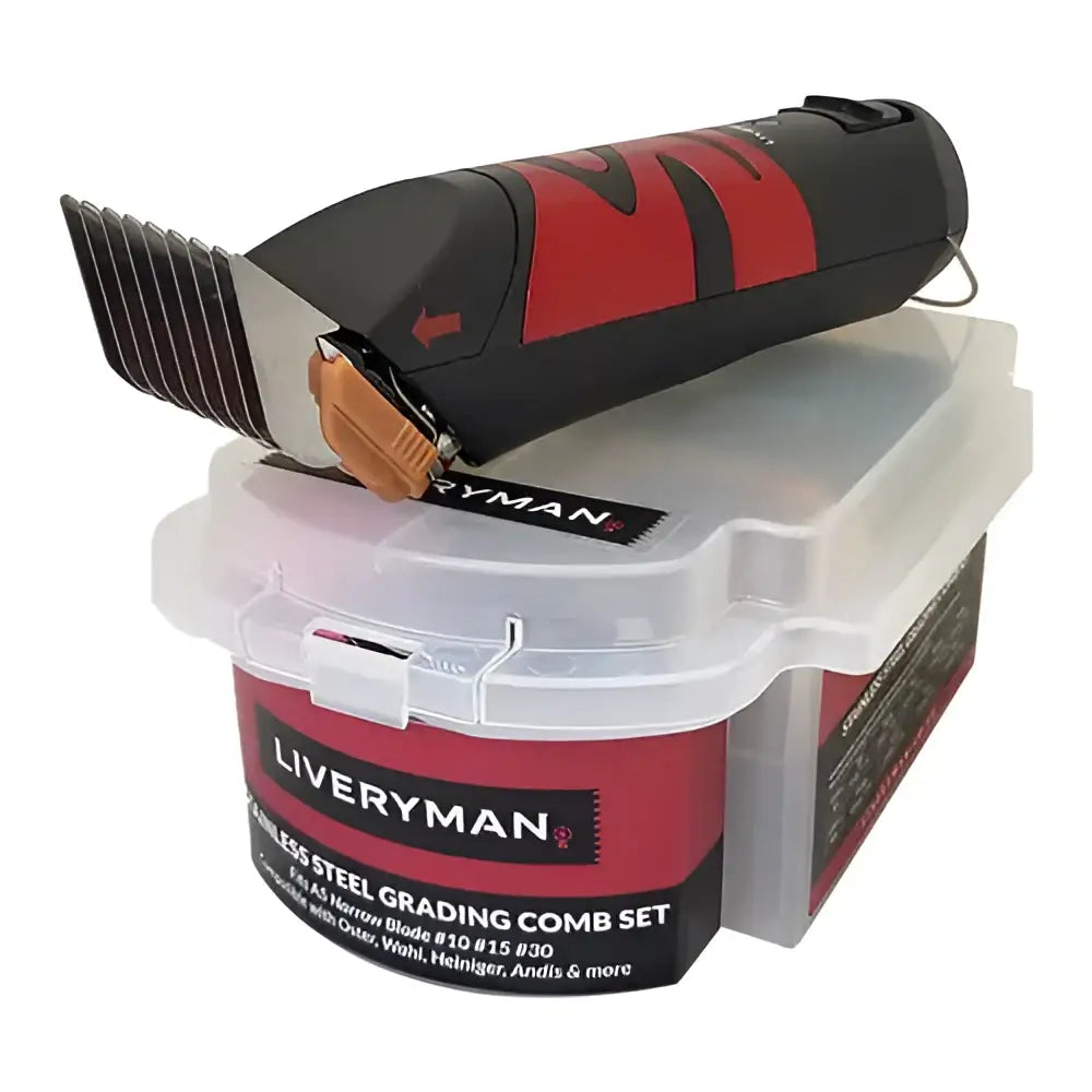 Red and black electric hair clipper with stainless steel liveryman grading combs in clear plastic dog grooming container