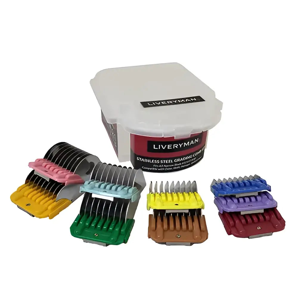 Set of colorful stainless steel liveryman grading combs in pink yellow green blue and purple for dog grooming