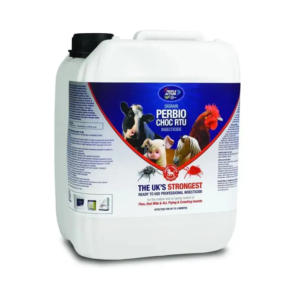 White plastic jug with black cap labeled triple action digrain perbio choc rtu insecticide from lodi digrain perbio
