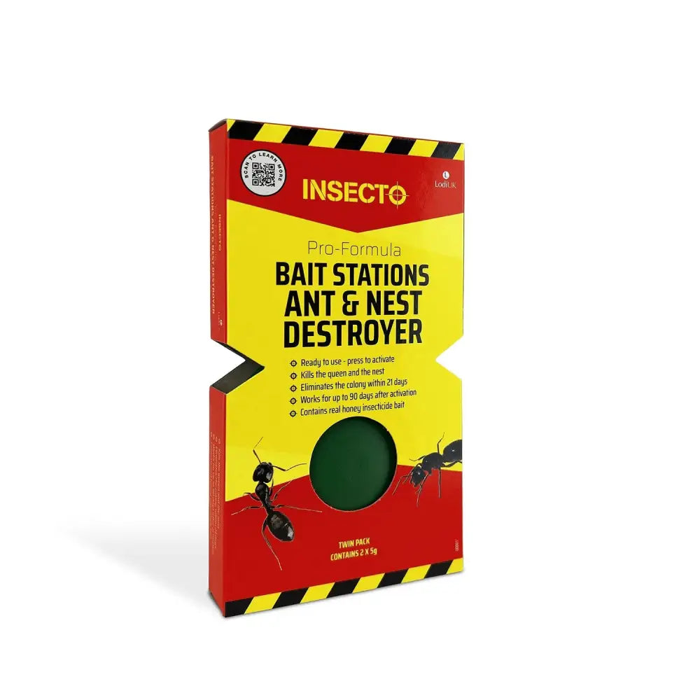 Red and yellow lodi insecto pro-formula bait stations ant and nest destroyer with black ant illustrations and green window