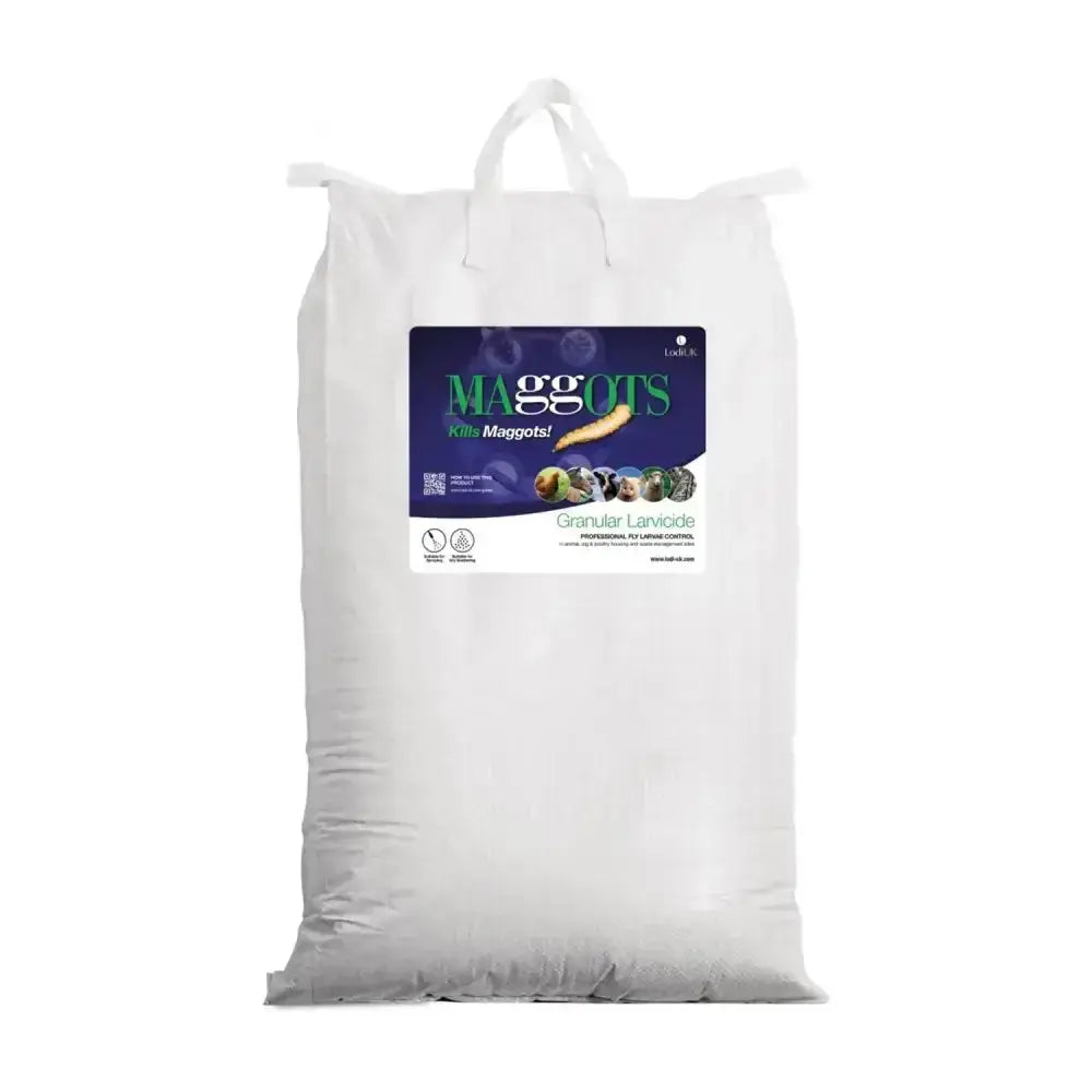 White plastic bag of lodi maggots granular larvicide fly larvicidal product for killing maggots in pest control