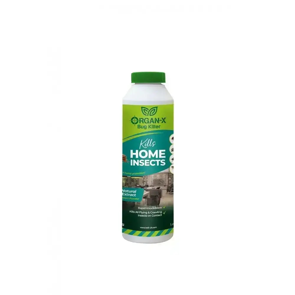Lodi organ-x home insects killer powder spray bottle with green cap and teal white lime green label for home use