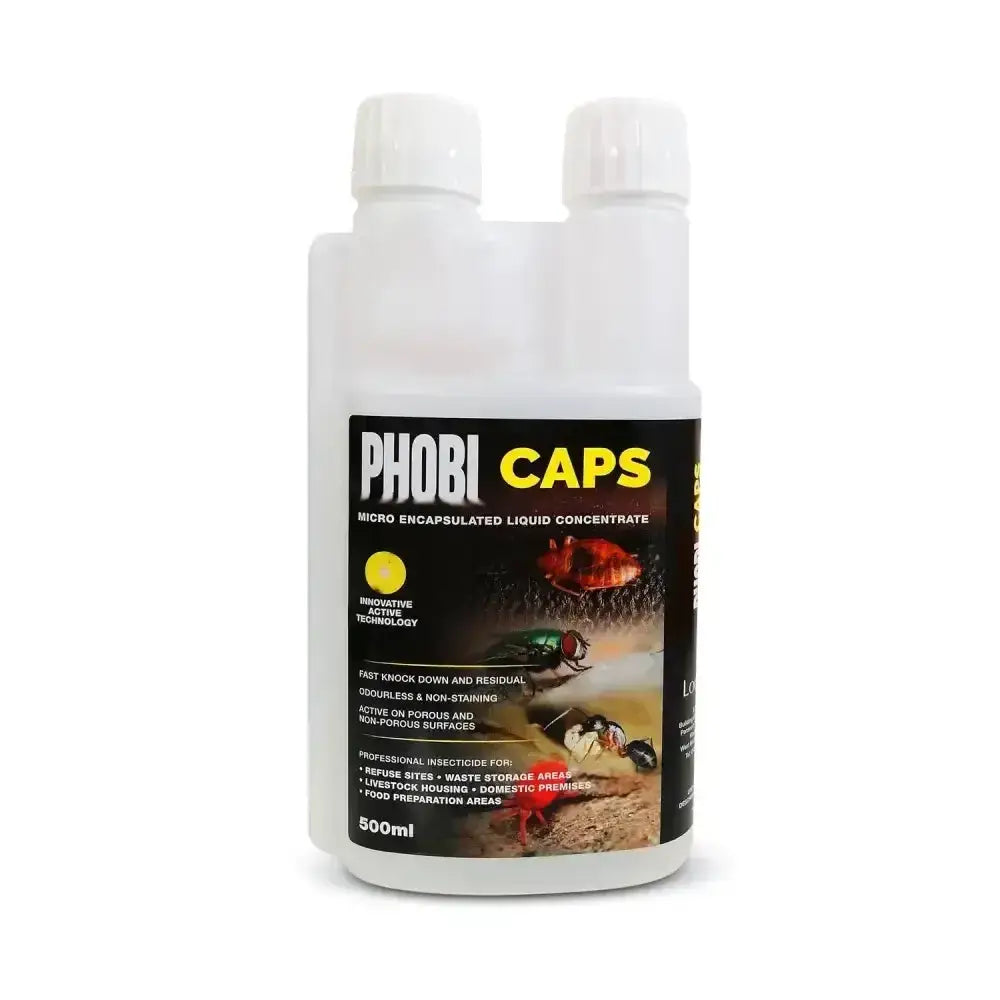 White plastic bottle with black label of lodi phobi caps micro-capsulated insecticide showing bed bugs images