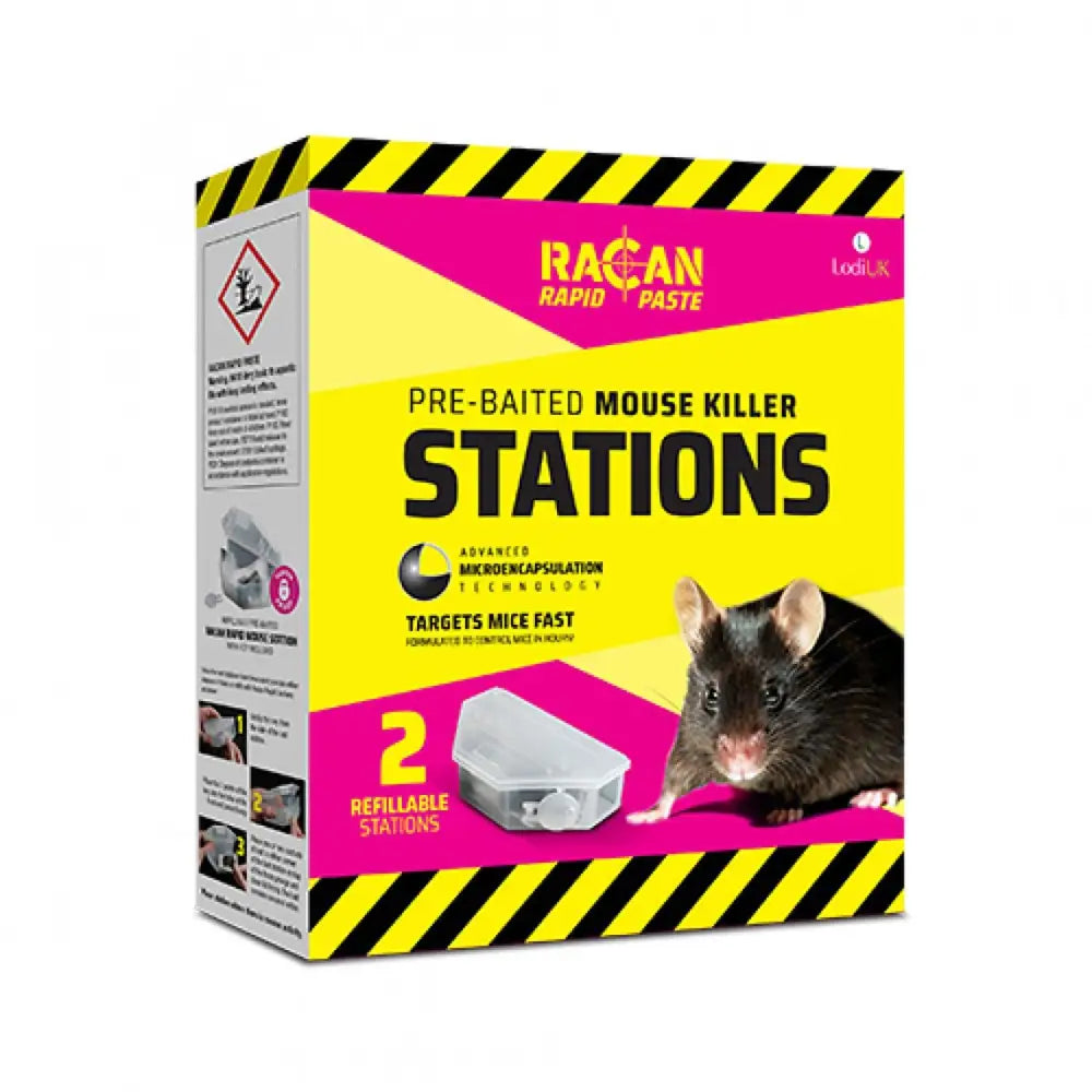Bright yellow and pink lodi racan rapid pre-baited mouse killer stations with black rat image on the box