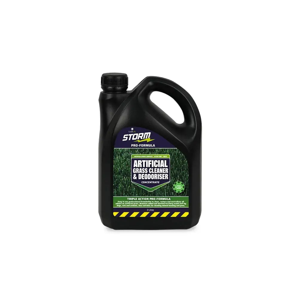 Black plastic jug with handle and cap labeled lodi storm pro-formula artificial grass cleaner and deodoriser concentrate