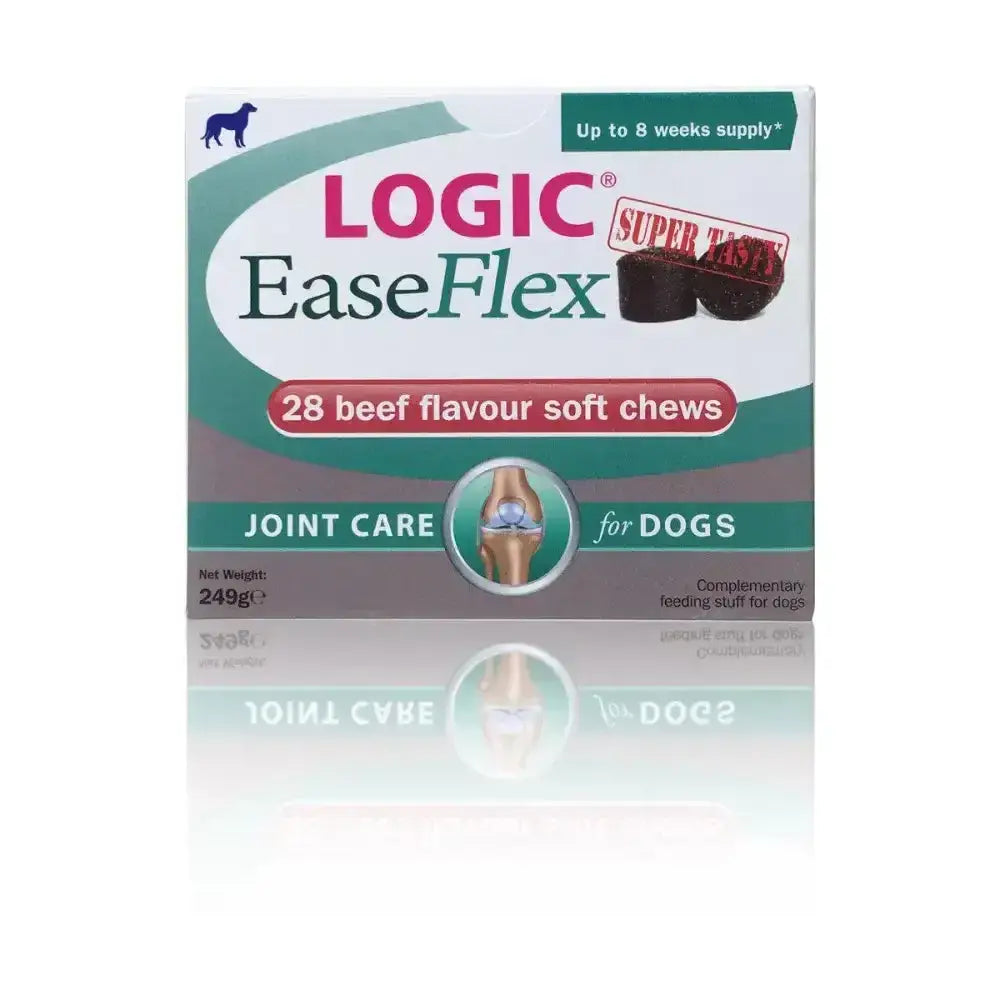 Logic easeflex beef flavored joint care soft chews for dogs in green and white box to soothe active joints and support long term joint health