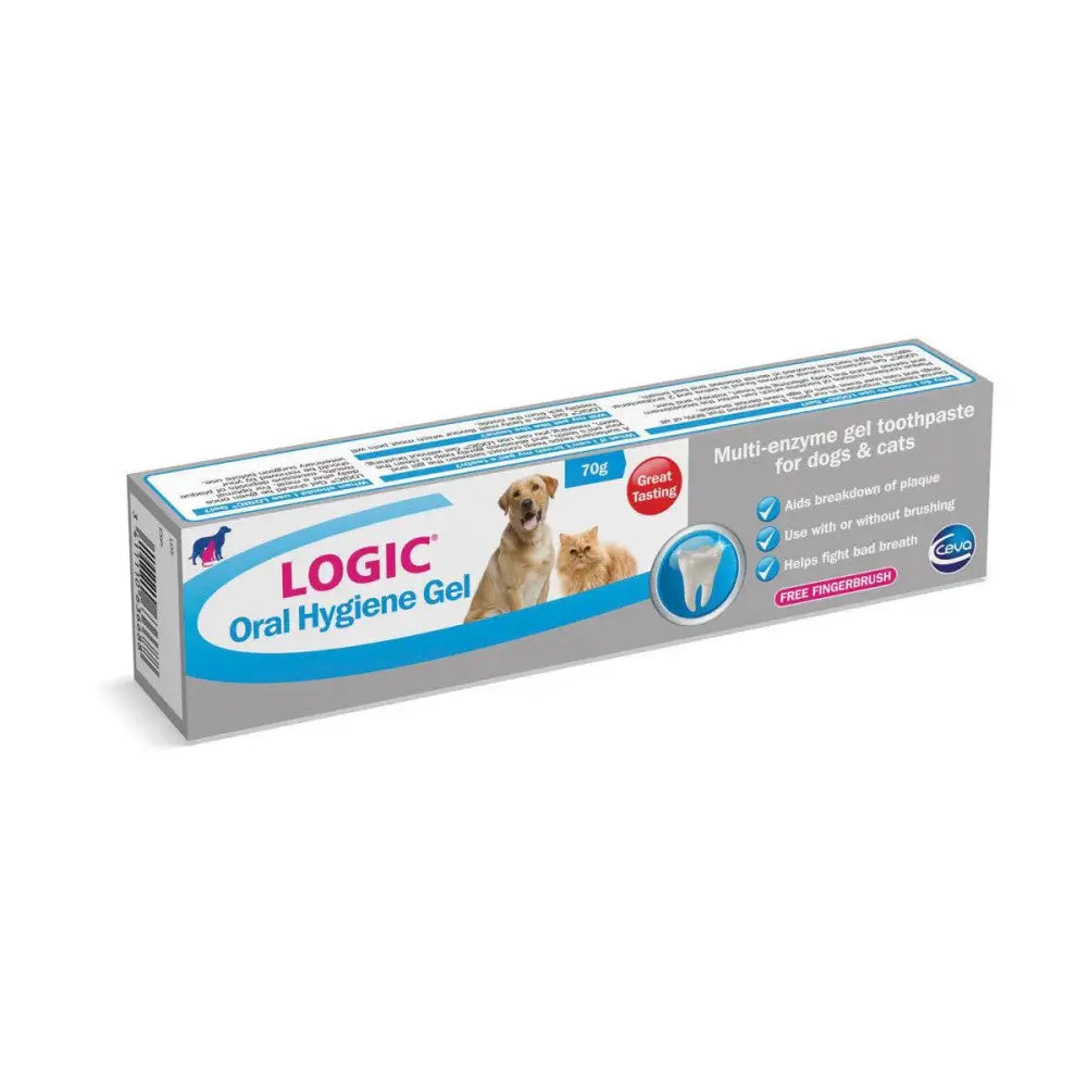 Logic oral hygiene gel in a silver and blue tube with anti-bacterial agents for dogs and cats oral care