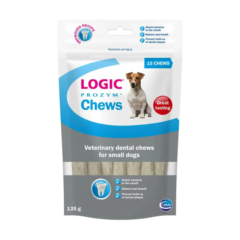 Logic prozym chews small dog dental treats in white blue pack featuring a jack russell terrier image