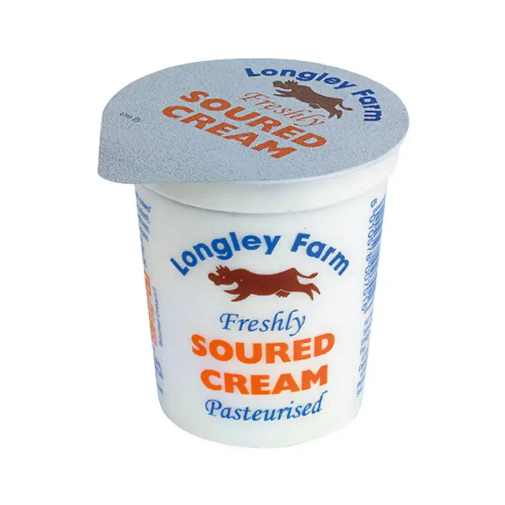 Longley farm soured cream in white plastic cup with orange blue label and brown cow logo similar to olympus greek yogurt packaging