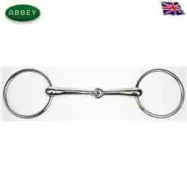Silver metal loose ring snaffle bit with nutcracker action and abbey branding for English riding use
