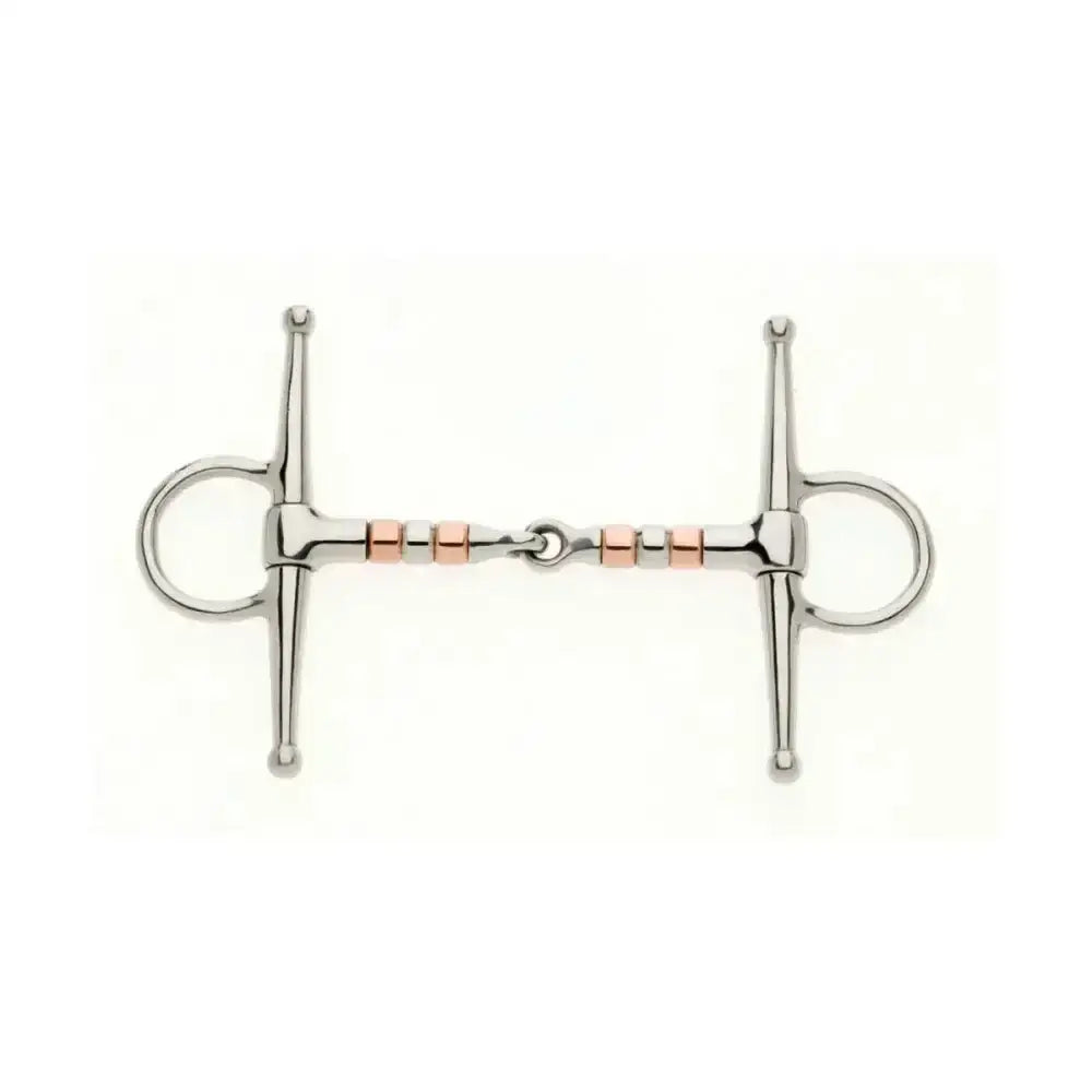 Silver and rose gold two-tone lorina copper roller cheek jointed snaffle with smooth polished finish reducing poll pressure