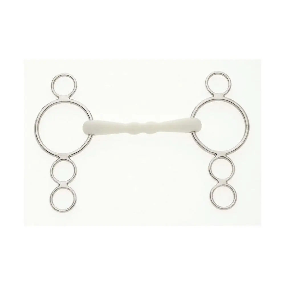 Silver metal lorina flexi mullen mouth horse bit with white rubber mouthpiece and three rings on each side