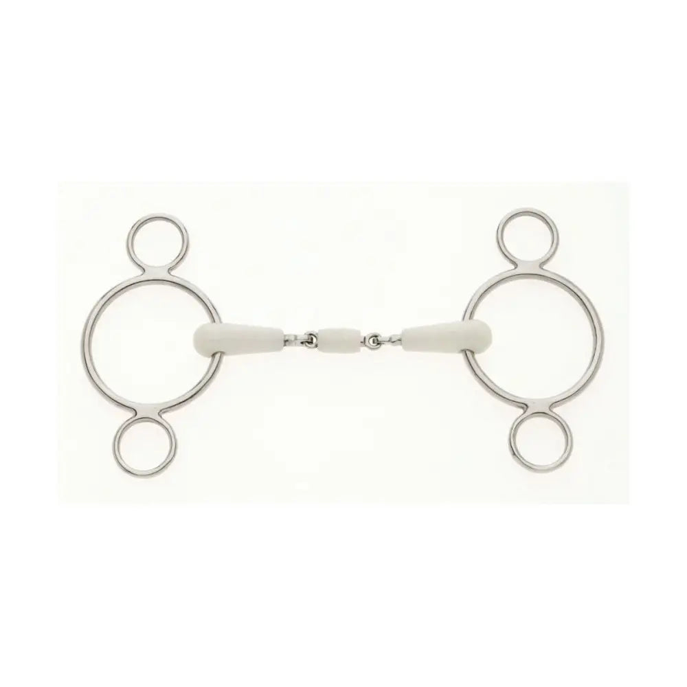 Silver lorina flexi peanut joint horsebit with white rubberized mouthpiece and traditional stainless steel three-ring design