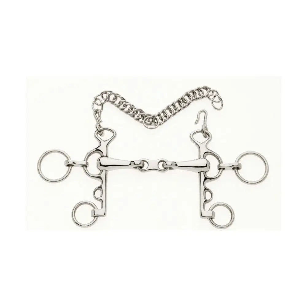 Silver stainless steel french link rugby pelham with chain and multiple rings for secure horse control